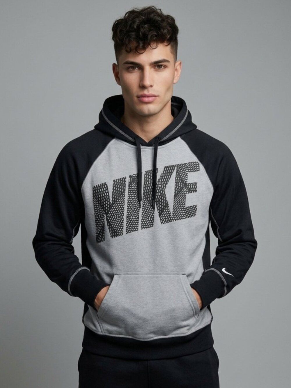 Nike Therma-FIT Raglan Fleece Hoodie Mens L Gray Black Contrast Stitch Spellout